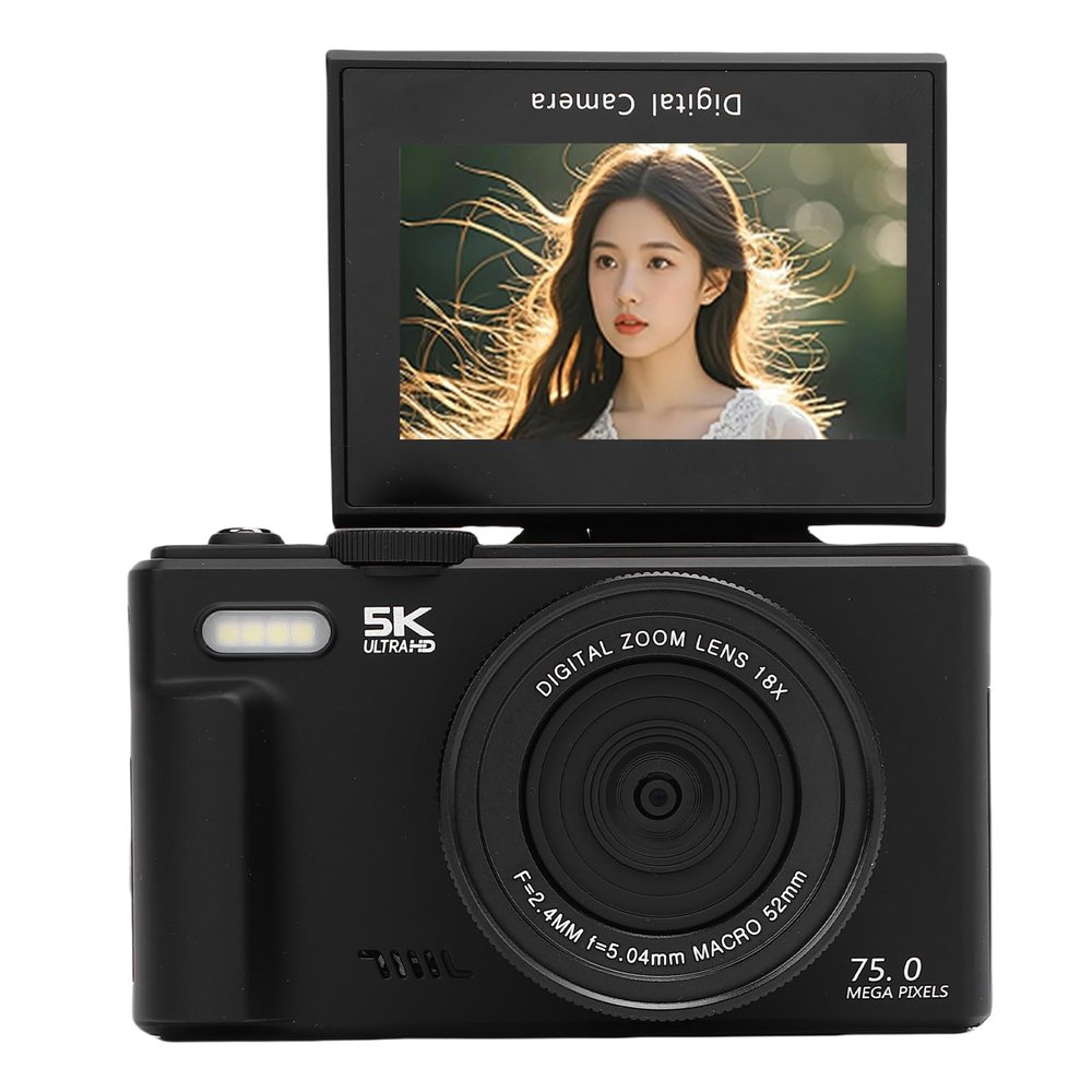 5K 75MP Digital Camera, Compact WiFi Camerawith 3 Inch 180 Flip Screen Flash, 18X Zoom, 32GB Memory Card, UHD AF Autofocus Video Camera for Photography (32GB)