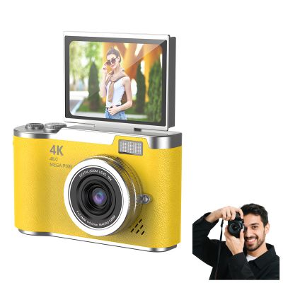 4K Foldable Screen Student Camera, Point and Shoot Digital Cameras with 32GB TF Card, Portable Camera FHD 48MP 4K Digital Camera with 8X Zoom Anti-Shake with Flip Screen (Camera Body Only, Yellow-A)
