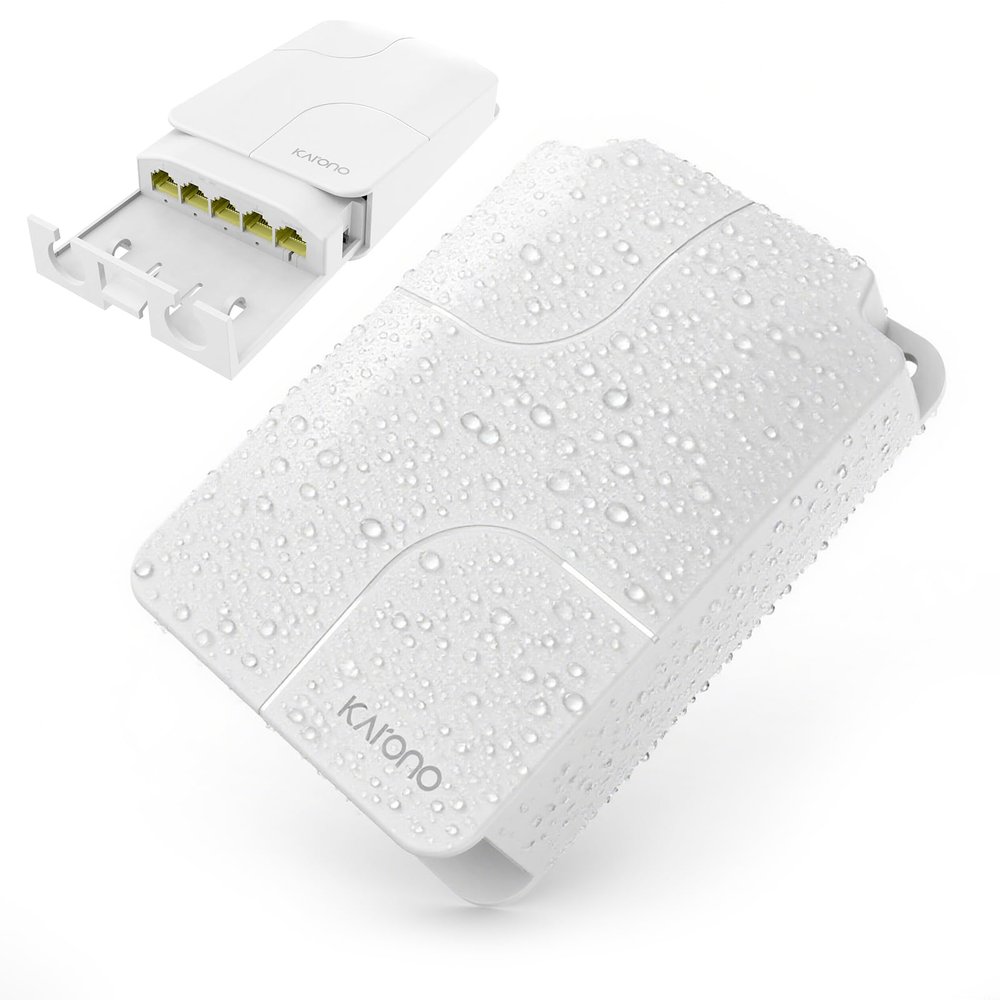 Karono Gigabit PoE Outdoor Waterproof Extender 5 Port, 1 PoE in & 4 PoE Out 90W Ethernet Passthrough Switch, IEEE 802.3af/at/bt Compatible, Plug and Play, Wall Mount
