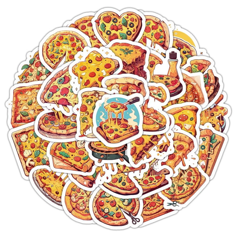 50PCS Pizza Stickers for Water Bottles Mobile Phone Computer Skateboard Refrigerator Motorcycle Car Laptop Luggage Guitar Bike,Cartoon Food Waterproof Stickers Decals for Teens Kids Girls