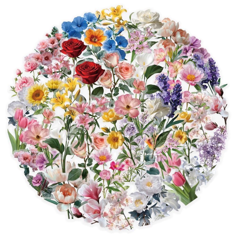 50PCS Transparent Floral Stickers for Water Bottle Scrapbook Journal Laptop Phone Bicycle Guitar Computer Refrigerator Skateboard Luggage,Romantic Flower Waterproof Sticker for Adults Girls Kids