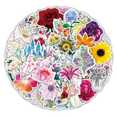 50PCS Flower Stickers for Water Bottles Phone Skateboard Scrapbook Laptop Journal Helmet Computer Refrigerator Luggage Notebook,Floral Aesthetic Waterproof Decal for Teens Girls Kids Adult