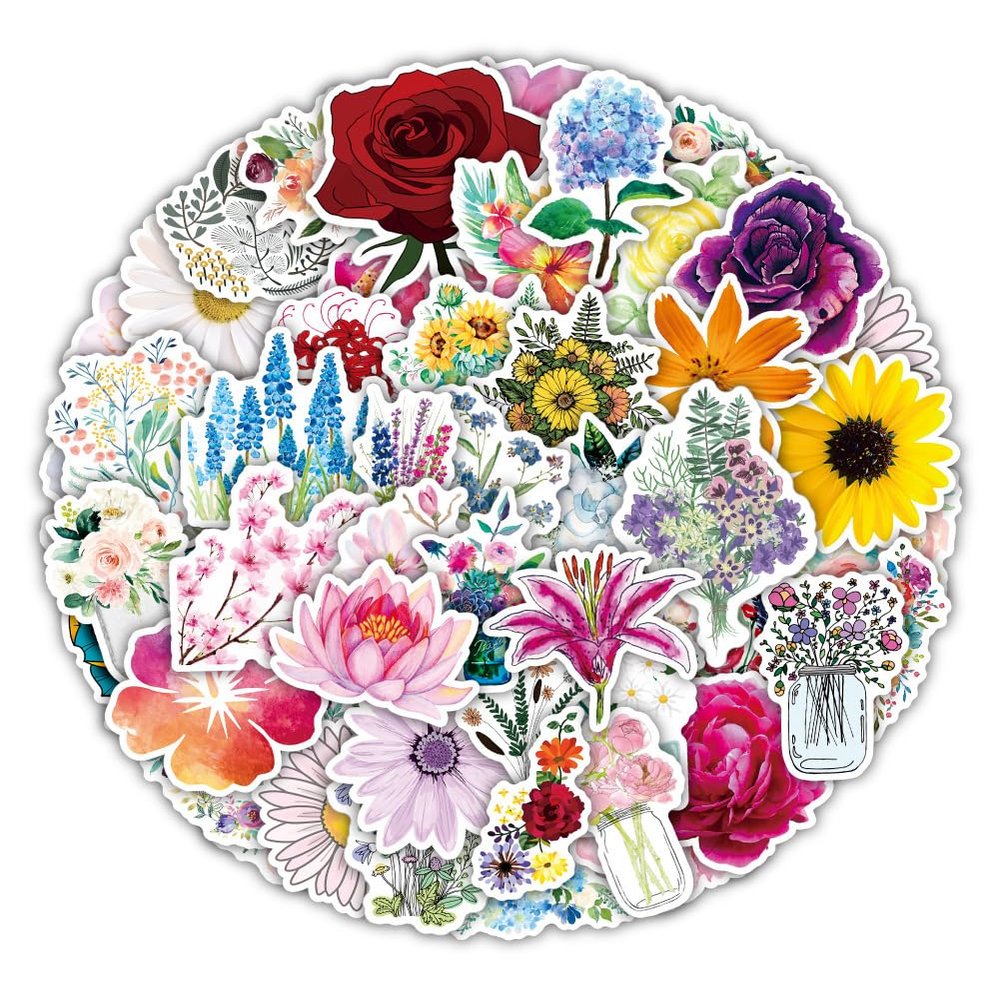 50PCS Flower Stickers for Water Bottles Phone Skateboard Scrapbook Laptop Journal Helmet Computer Refrigerator Luggage Notebook,Floral Aesthetic Waterproof Decal for Teens Girls Kids Adult