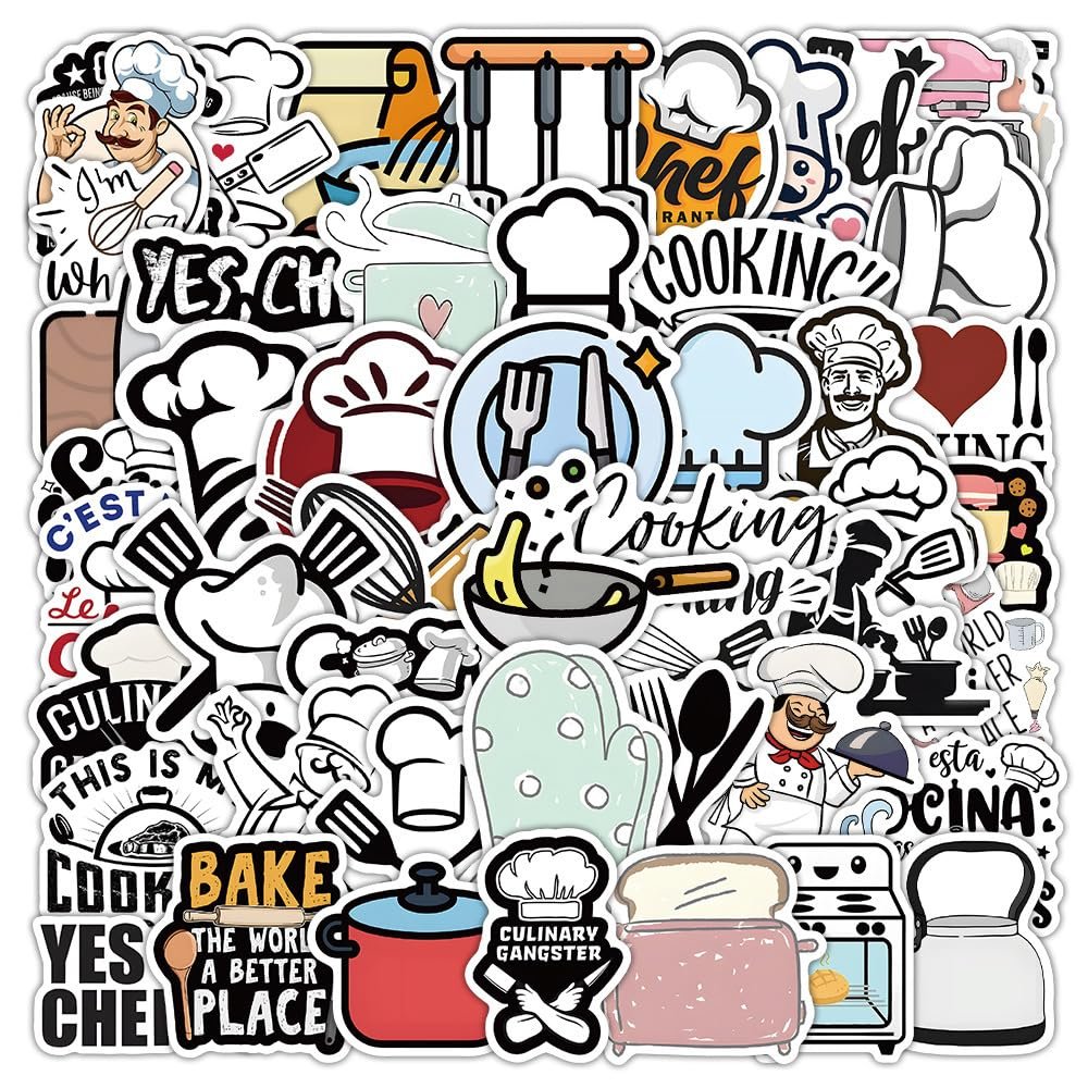 50PCS Chef Stickers for Kitchenware Water Bottles Luggage Laptops Guitar Scrapbook Skateboard Computer Mobile Phone,Funny Cookware Waterproof Decals for Culinary Enthusiasts Teens Adults Girls