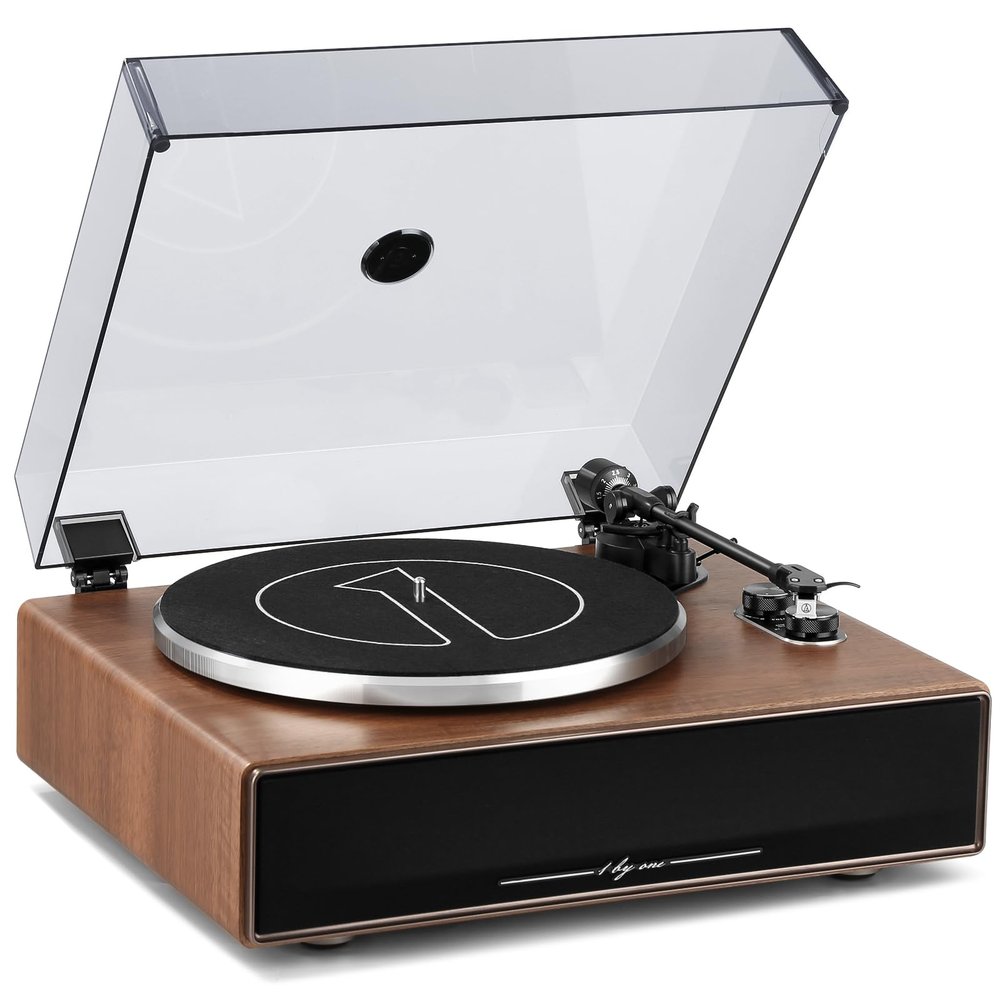 1 by ONE Vinyl Record Player with Bluetooth Input, All-in-One Turntable with Built-in Speakers, Phono Preamp, AT-3600L Cartridge, Belt Drive 33/45 RPM