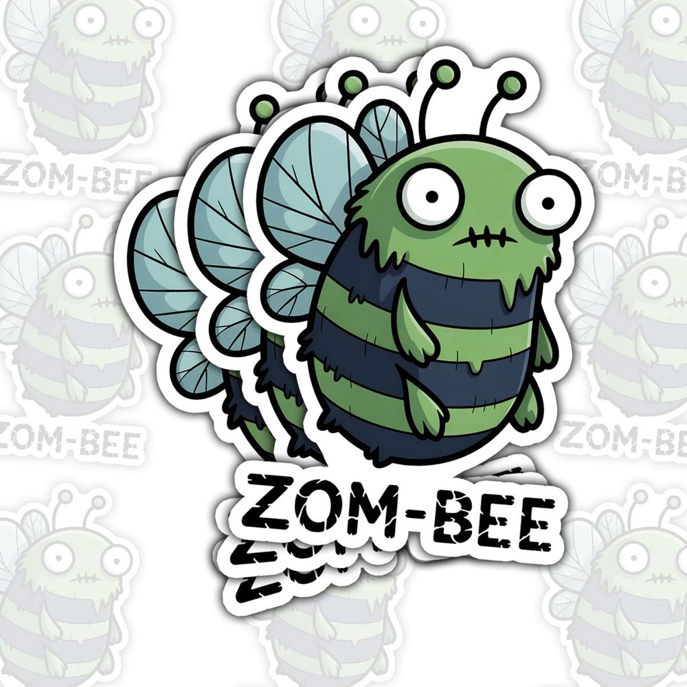 3 Pcs Zom-Bee Sticker  Funny Zombie Bee Pun Vinyl Decal for Water Bottle, Laptop, Helmet, Notebook, Car, Horror Cute Cartoon Sticker Gift Halloween  3 Inch