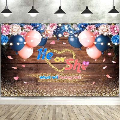 20X10FT Baby Gender Reveal Backdrop He or She What Will Baby Be Pink Blue Floral Wooden Photography Background Party Decorations Cake Table Banner Decor Photo Studio Shoot Props