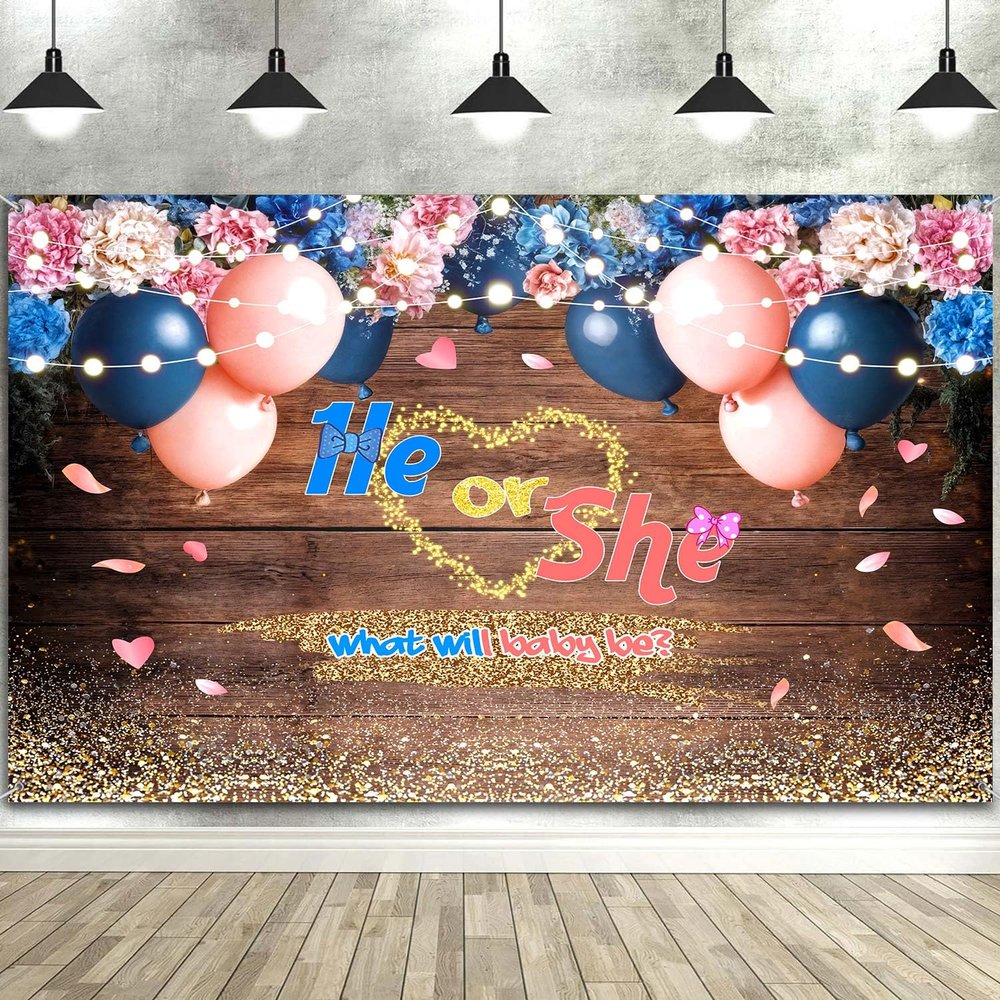 20X10FT Baby Gender Reveal Backdrop He or She What Will Baby Be Pink Blue Floral Wooden Photography Background Party Decorations Cake Table Banner Decor Photo Studio Shoot Props