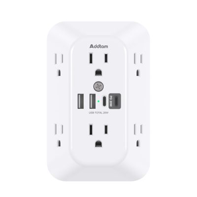 Addtam Surge Protector Outlet Extender, 6-Outlet Splitter with 4 USB Wall Charger(PD 20W), Multi Plug Wall Outlet 1800J Power Strip for Home Office Dorm Room Essentials, White