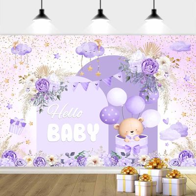 10X10ft Purple Baby Shower Backdrop Cute Purple Boho Floral Baby Shower Backdrop, Girl's Birthday Party Background Decor Cartoon Birthday Party Background Photo Booth Props