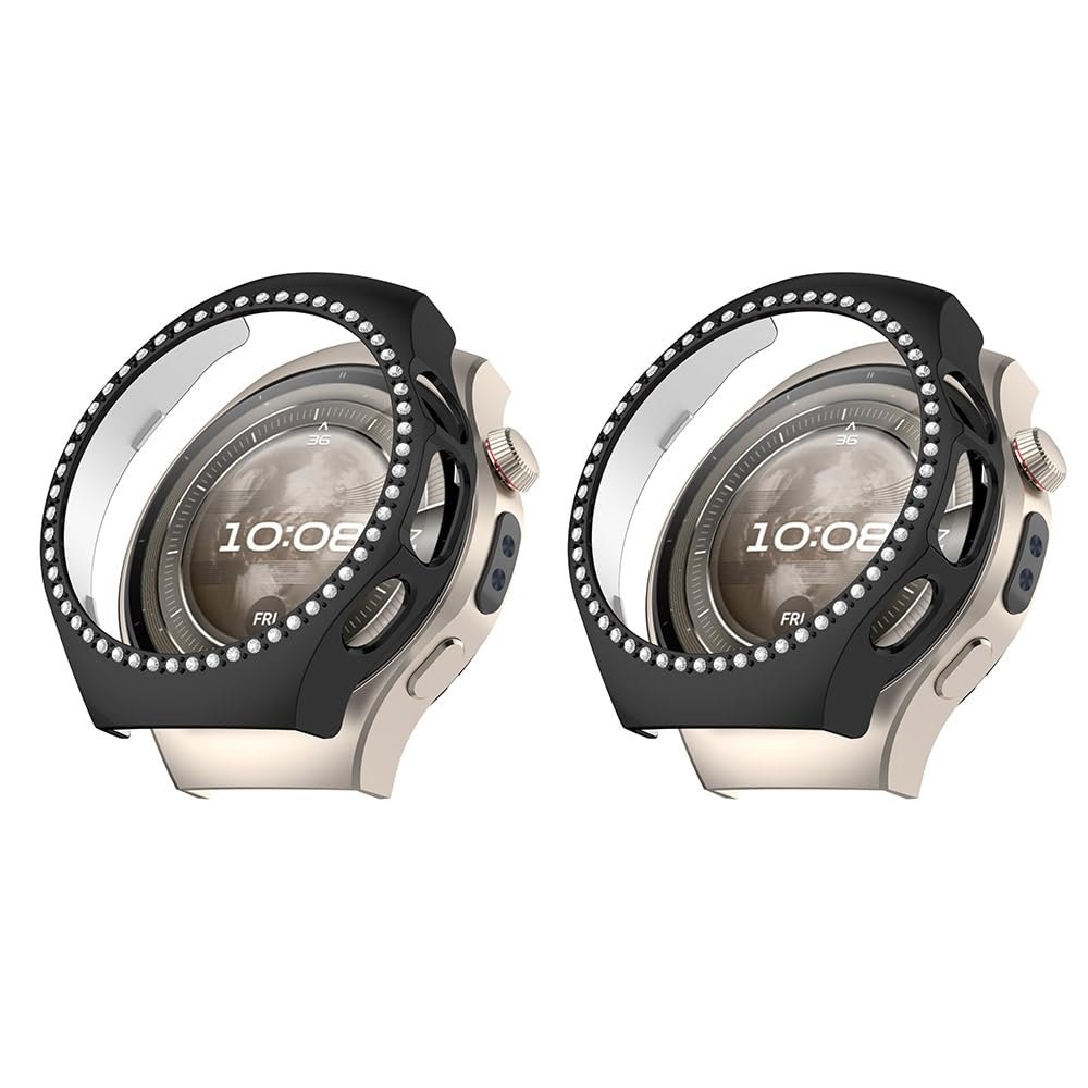2 Pack Bling Cases for Huawei Watch 5 46mm Cover Hard PC Crystal Diamonds Rhinestone Protective Bumper Shell Smartwatch, without Screen Protector (Black/Black)