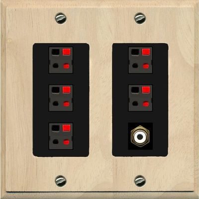 RiteAV 5 Port Speaker Wire Plug Jack Wall Plate with 1 RCA for Subwoofer - 2 Gang [Wood/Black]
