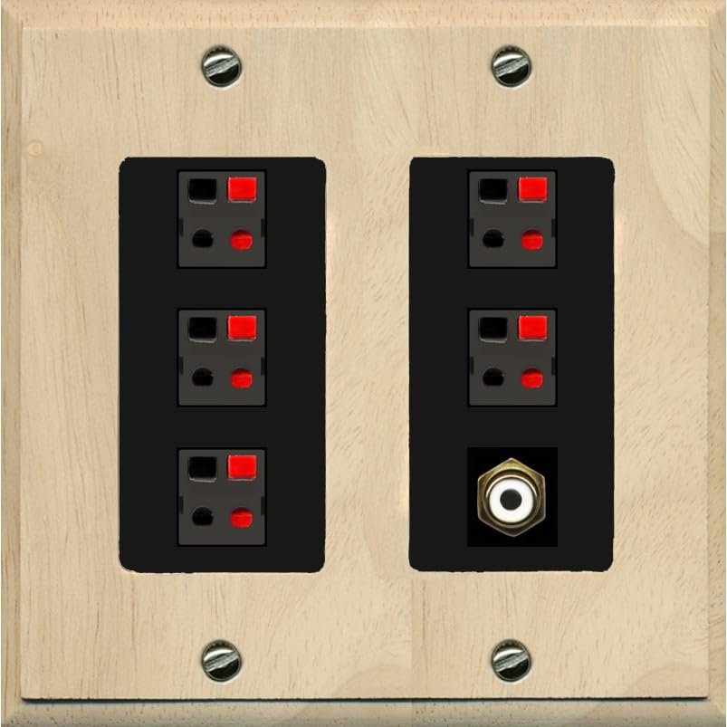 RiteAV 5 Port Speaker Wire Plug Jack Wall Plate with 1 RCA for Subwoofer - 2 Gang [Wood/Black]