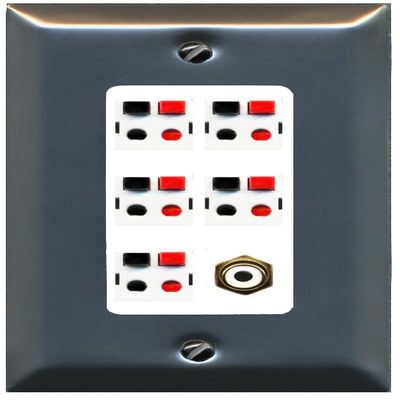RiteAV 5 Port Speaker Wire Plug Jack Wall Plate with 1 RCA for Subwoofer - 1 Gang Decorative [Brushed-Nickel/White]