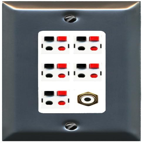RiteAV 5 Port Speaker Wire Plug Jack Wall Plate with 1 RCA for Subwoofer - 1 Gang Decorative [Brushed-Nickel/White]