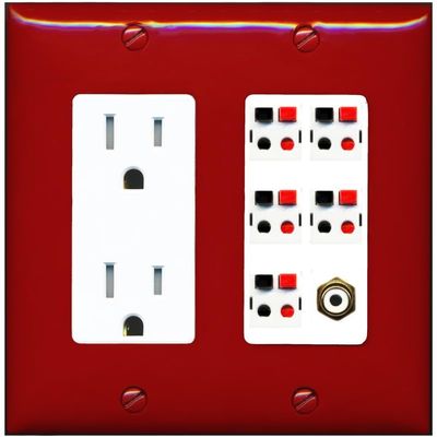 RiteAV 5 Port Speaker Wire Plug Jack Wall Plate with 1 RCA for Subwoofer - Tamper-Resistant Outlet [Red/White]