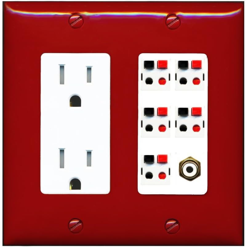 RiteAV 5 Port Speaker Wire Plug Jack Wall Plate with 1 RCA for Subwoofer - Tamper-Resistant Outlet [Red/White]