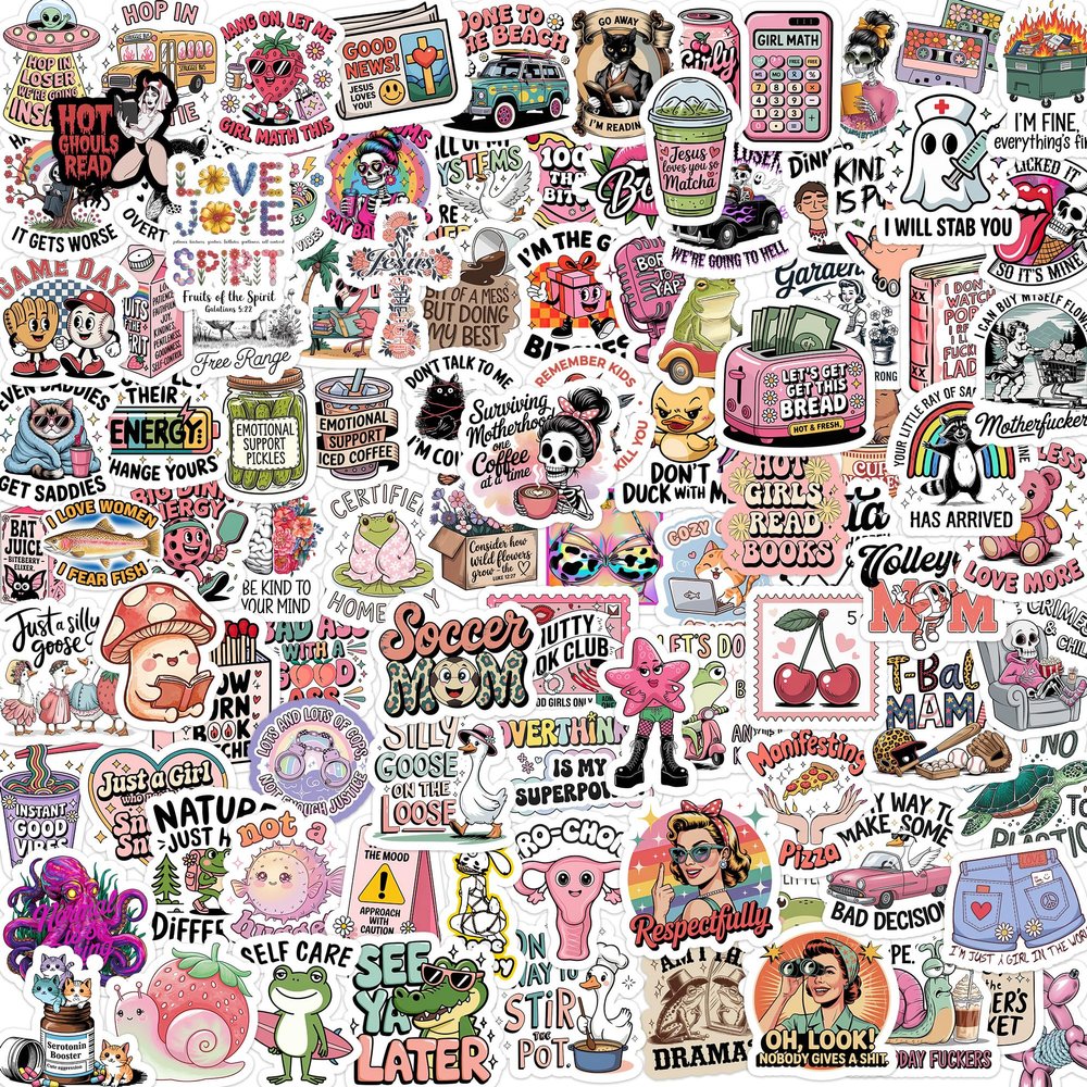 100pcs Trendy Aesthetic Stickers Funny Vinyl Waterproof Decals for Laptop, Water Bottle, Journal, Skateboard Cute & Random Meme Pack