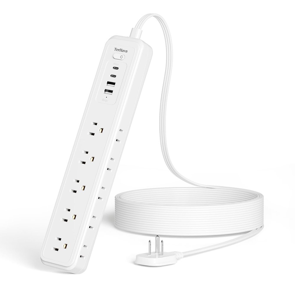 15Ft Power Strip Surge Protector - TerHavn Extension Cord with 15 AC Outlets and 4 USB Ports for for Home, Office, Dorm Essentials, 1080 Joules,15A 1875W, (White)