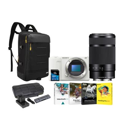 Sony ZV-E10 II Mirrorless Camera (White) Bundle with 55-210mm f/4.5-6.3 OSS, Camera Backpack, Batteries, Memory Card, Software Suite and Card Reader (7 Items)