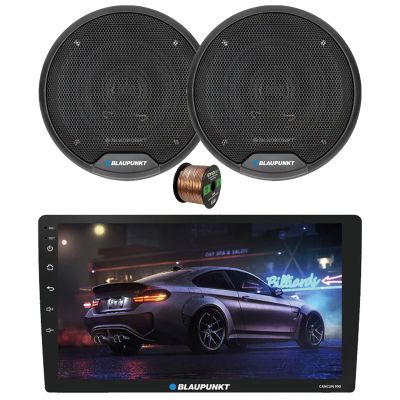 Blaupunkt Cancun 990 9" Touchscreen Single DIN WiFi Bluetooth AM/FM Digital Multimedia Receiver, 2x 4" 40 Watt Max 2-Way Car Speakers w/ Wire