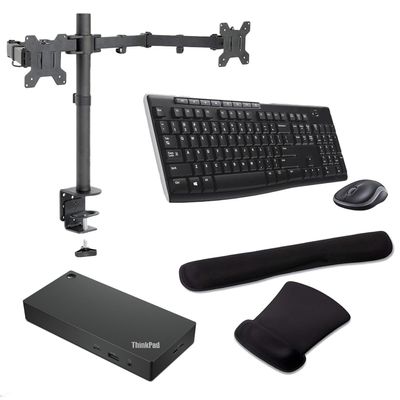 Lenovo ThinkPad Universal Thunderbolt 4 Dock 100W 4K Support, HDMI, USB-C, DisplayPort, Bundled with Desk Mount Dual Monitor Stand, MK270 Wireless Keyboard & Mouse, Gel Mouse & Wrist Pad