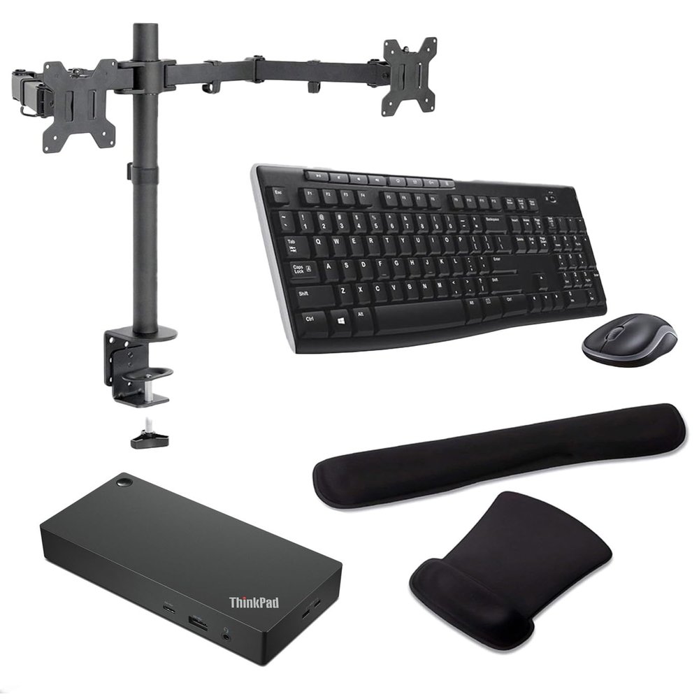 Lenovo ThinkPad Universal Thunderbolt 4 Dock 100W 4K Support, HDMI, USB-C, DisplayPort, Bundled with Desk Mount Dual Monitor Stand, MK270 Wireless Keyboard & Mouse, Gel Mouse & Wrist Pad