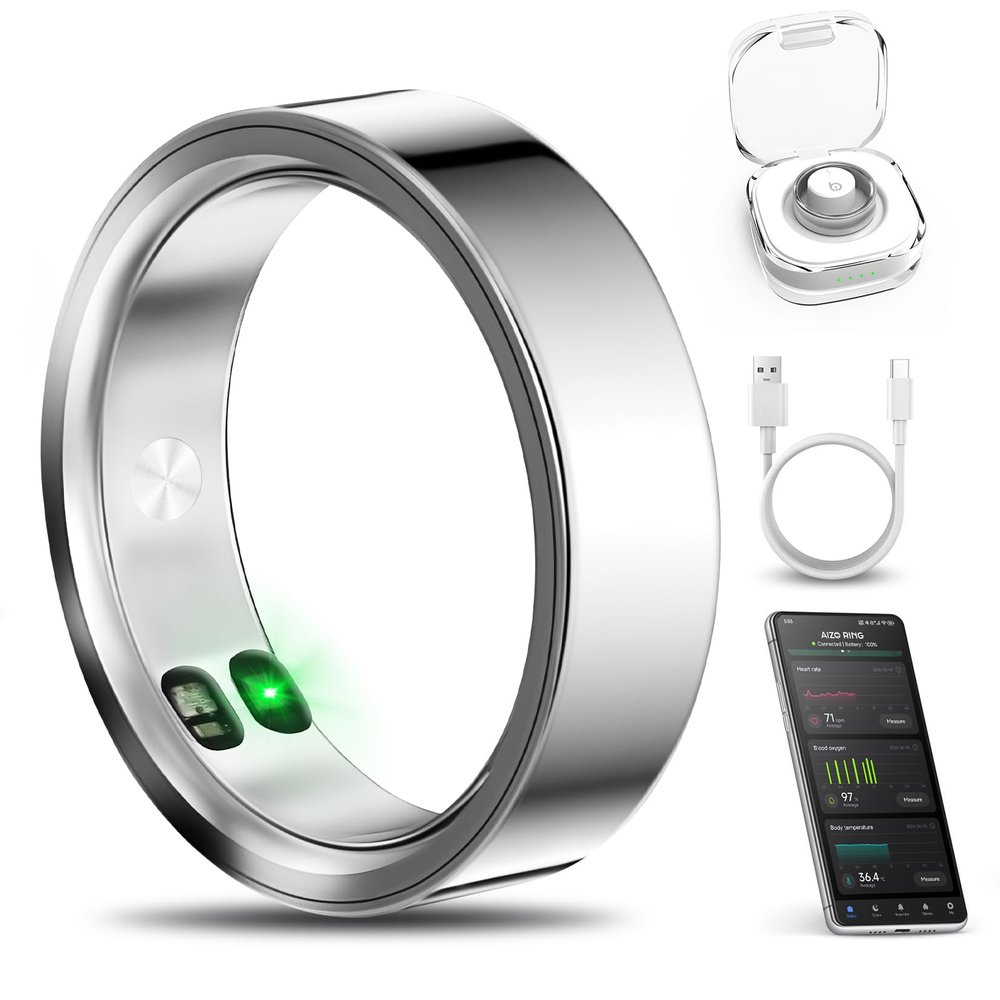 xiaobi Smart Ring with Call/Clock/Events Alerts, No APP Subscription, Body Temp/Heart Rate/Women's Health Tracker, 5ATM Waterproof Fitness Ring for Android & iOS (Silver,8#)