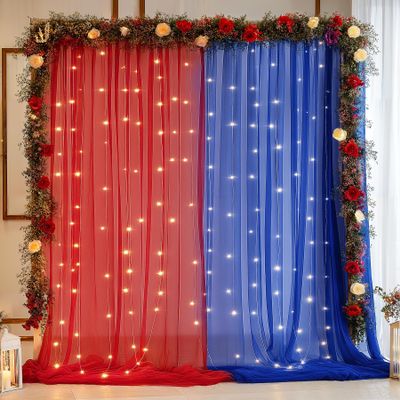 10x10ft Royal Blue Red Tulle Backdrop Curtain with Lights String for Parites, Sheer Photo Backdrop Curtains with lights for Wedding Backdrop Ceremony Reception Bridal Shower Baby Shower Birthday Party