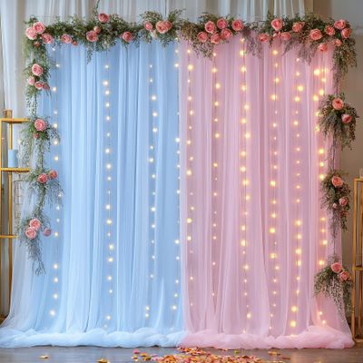 10x10ft Baby Pink Blue Tulle Backdrop Curtain with Lights String for Parites, Sheer Photo Backdrop Drapes with Lights for Wedding Backdrop Ceremony Reception Bridal Shower Baby Shower Birthday Party