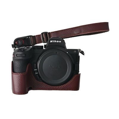 BMAOLLONGB Z6 II Case, Handmade Genuine Real Leather Half Camera Case Bag Cover for Nikon Z5/Z5 II/Z6/Z6 II Bottom Opening Version + Hand Strap (Coffee)