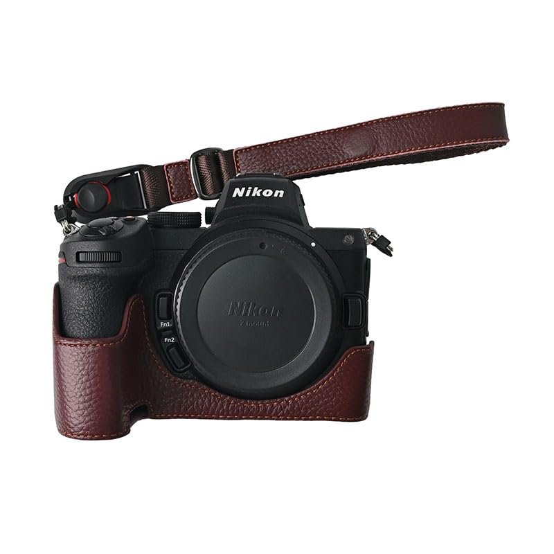 BMAOLLONGB Z6 II Case, Handmade Genuine Real Leather Half Camera Case Bag Cover for Nikon Z5/Z5 II/Z6/Z6 II Bottom Opening Version + Hand Strap (Coffee)