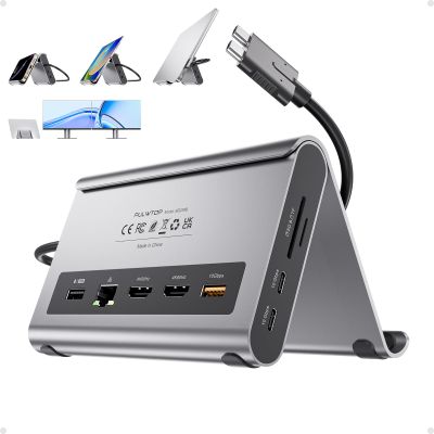 MacBook Pro Docking Station Dual Monitor 4K@60Hz for MacBook Pro/Air M3 Pro/M4, PULWTOP USB C Docking Station Stand Laptop Dock with 2 HDMI, PD, Ethernet, USB A/C 10Gbps, Audio, SD/TF, USB 2.0