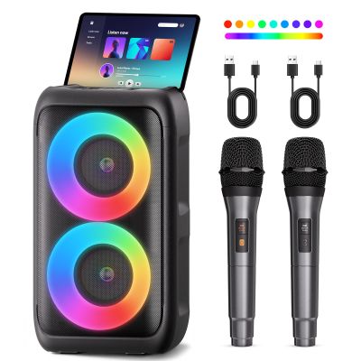 Bluetooth Speaker with 2 Wireless Microphones - Big Party Speaker for Adults Kids Karaoke with Lights - Portable Rechargeable Floorstanding Speakers Support TWS/AUX/USB/TF Card for Home Party Gift