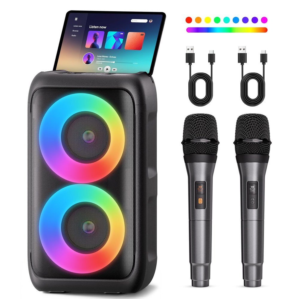 Bluetooth Speaker with 2 Wireless Microphones - Big Party Speaker for Adults Kids Karaoke with Lights - Portable Rechargeable Floorstanding Speakers Support TWS/AUX/USB/TF Card for Home Party Gift