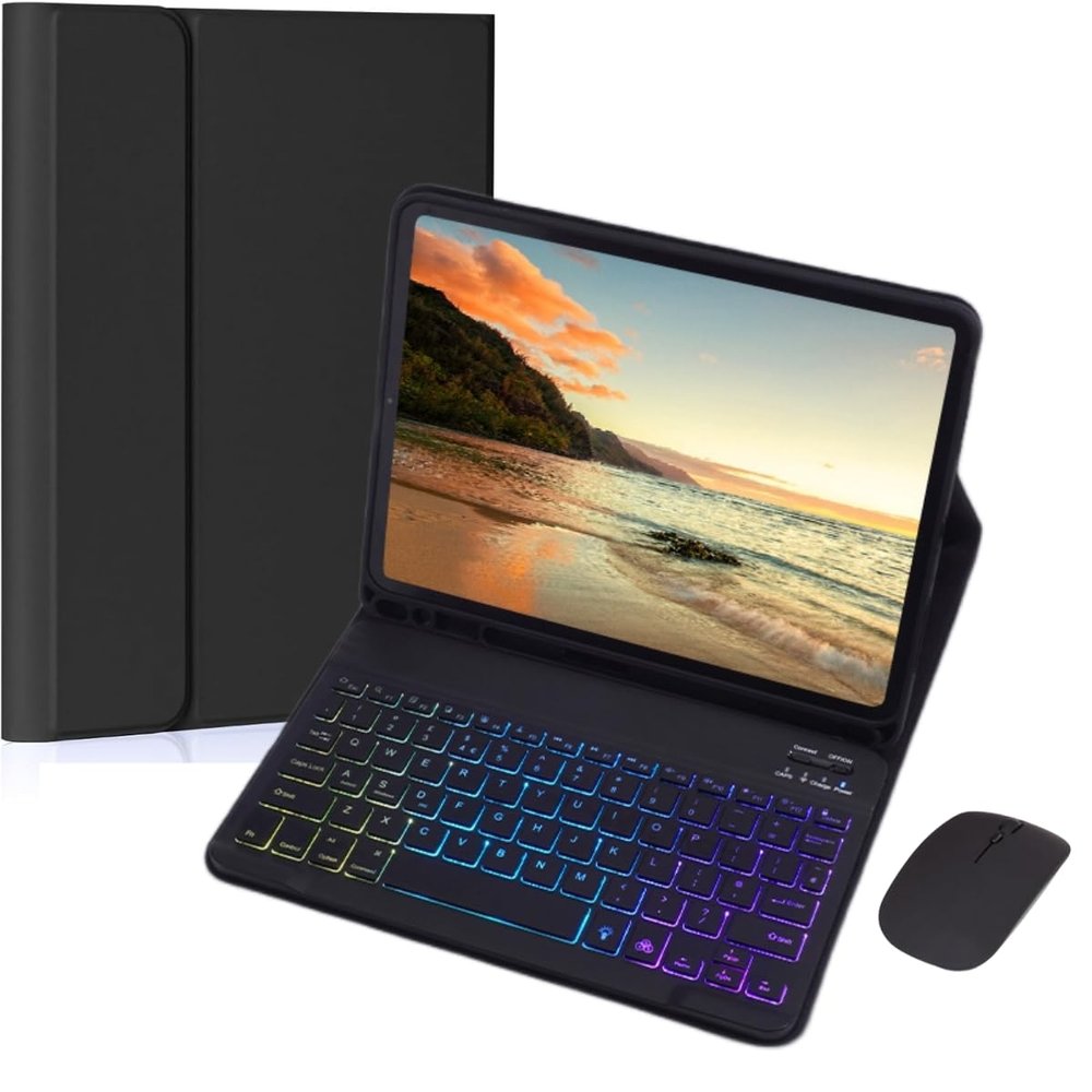 AnMengXinLing Keyboard Case for Fire HD 10/10 Plus Tablet 10.1 inch 2021/2023 (11th/13th Gen) with Mouse, Rainbow Backlight Magnetic Detachable Keyboard Cover with Pencil Holder (Black)