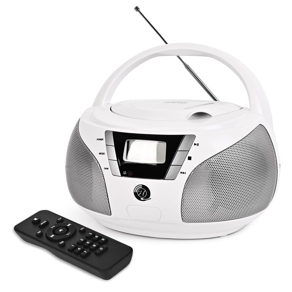 Portable CD Player Boombox with Bluetooth, FM Radio, USB Playback, Stereo Sound, Remote Control, Home Stereo Music System for Seniors and Family Gatherings (White)