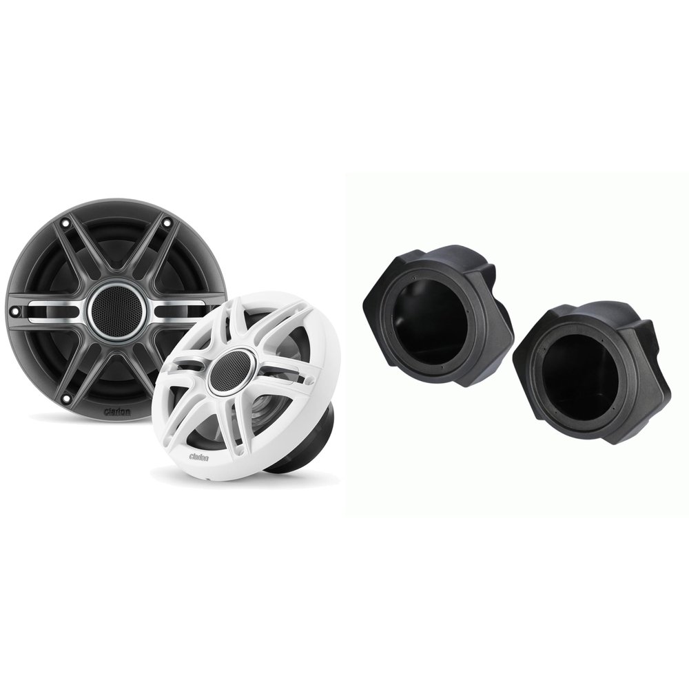 Clarion CMSP-651-SWG Premium 6.5" Sport Grill Marine Speakers & Polaris RZR Front 6.5" Speaker Pods 2014-UP (Except PRO XP)