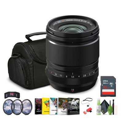 FUJIFILM XF 18mm f/1.4 R LM WR Lens Bundle with Soft Lens Case + 32GB Memory Card + 62mm 3 Piece High Resolution Filter Kit + Lens Cap Keeper + More