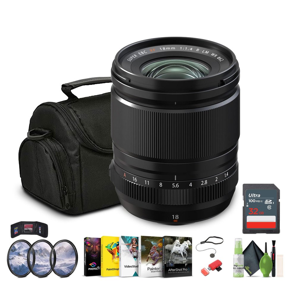 FUJIFILM XF 18mm f/1.4 R LM WR Lens Bundle with Soft Lens Case + 32GB Memory Card + 62mm 3 Piece High Resolution Filter Kit + Lens Cap Keeper + More