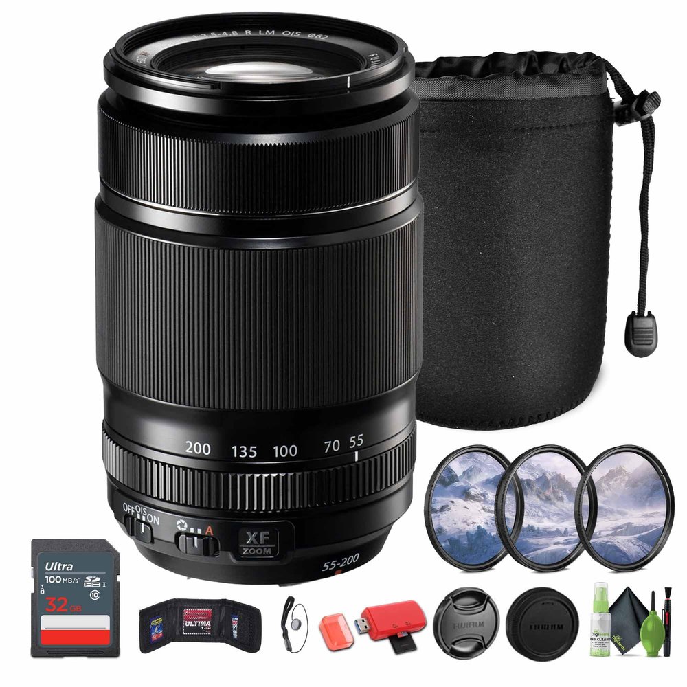 FUJIFILM XF 55-200mm f/3.5-4.8 R LM OIS Lens Bundle with Lens Pouch + 32GB Memory Card + 62mm 3 Piece High Resolution Filter Kit + Lens Cap Keeper + More