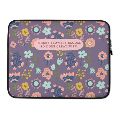 15" Floral Laptop Sleeve  Where Flowers Bloom Inspirational Design  Padded Purple Tech Case for Women & Girls