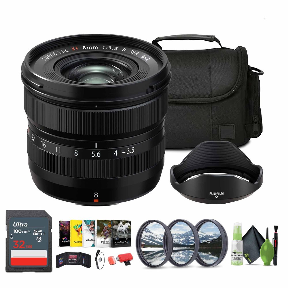 FUJIFILM XF 8mm f/3.5 R WR Lens Bundle with Soft CASE-MED (SLR + Lenses) + 32GB Memory Card + 62mm 3 Piece High Resolution Filter Kit + Lens Cap Keeper + More