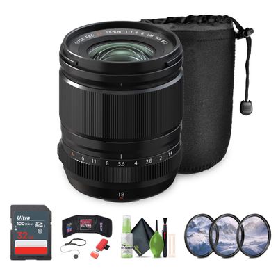 FUJIFILM XF 18mm f/1.4 R LM WR Lens Bundle with 32GB Memory Card + 62mm 3 Piece High Resolution Filter Kit + Lens Cap Keeper + Memory Card Wallet + More