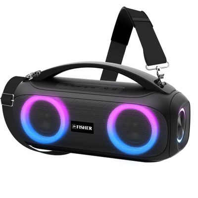 Fisher Portable Bluetooth Speakers, IPX5 Waterproof Speaker, 60W Peak Power Stereo Boombox HD Sound Bluetooth Speaker with RGB Lights, TWS, FM Radio, AUX, Wireless Electronic, Use Anywhere