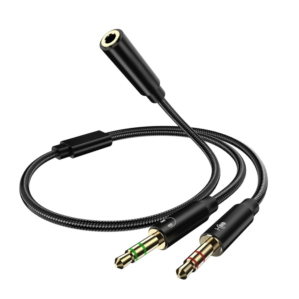 3.5mm Headset Splitter Adapter  Female to Dual Male Mic and Audio Jack, Nylon Braided Y Cable for PC, Laptop, Desktop with Separate Ports, Gold-Plated Connectors, Durable Design (Black)