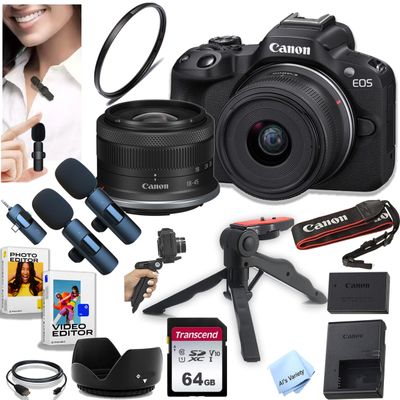 Canon EOS R50 Mirrorless Camera with RF-S 18-45mm Lens + 64GB Memory, Wireless Lavalier Microphones, Filter, Hood,Stabilizing Grip, Software, and More (Content Creator Bundle) (Renewed)