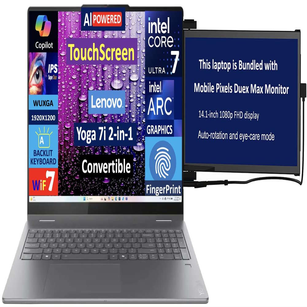 Lenovo Yoga 7i 2-in-1 AI PC 2-in-1 Laptop 16.0" Touchscreen IPS WUXGA Display (Intel Ultra 7-256V, 16GB LPDDR5X, 1TB SSD, Backlit KB, Fingerprint, 2 Thunderbolt 4, Win 11 Home) w/Duex Max DS Monitor
