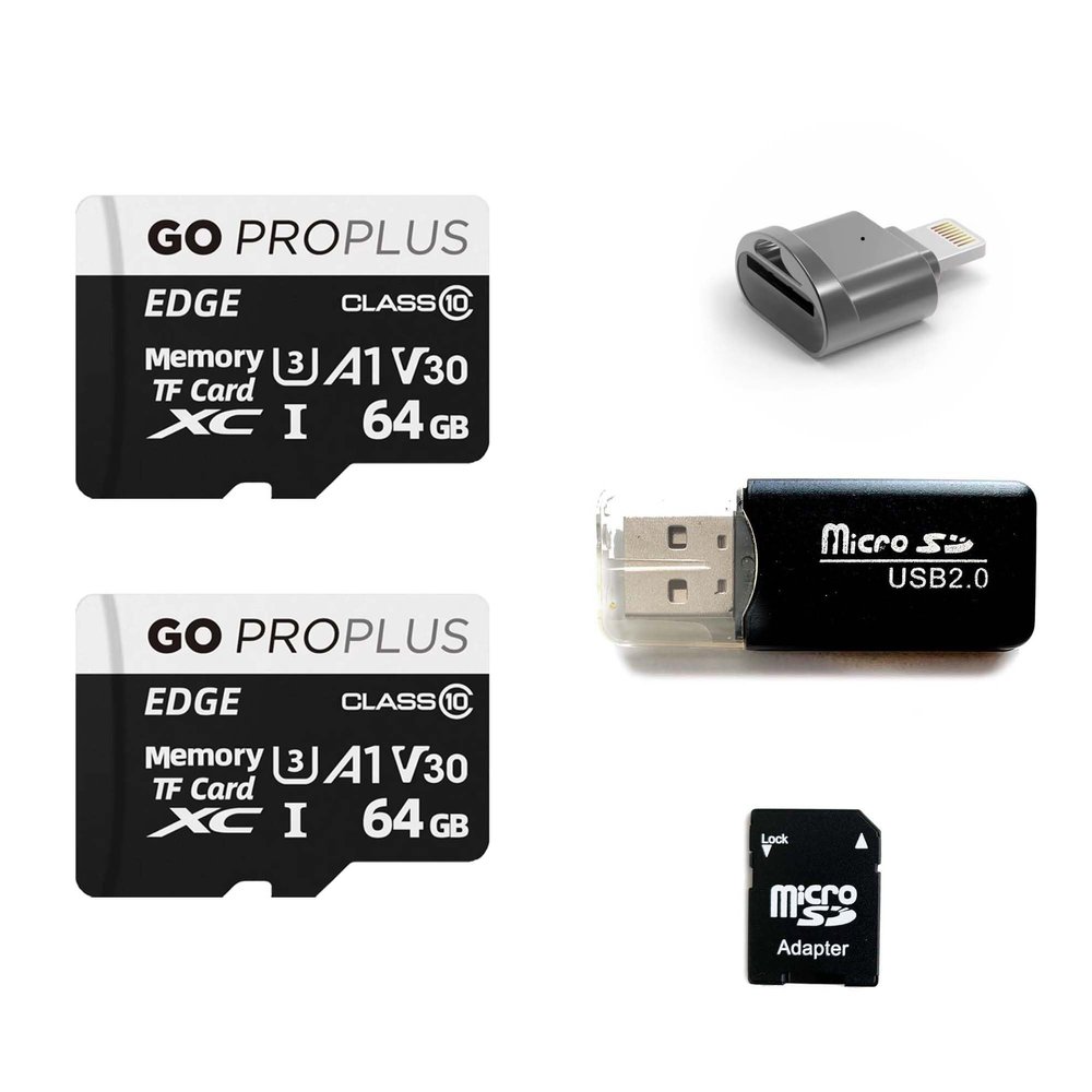 2 Pack SD Card Go ProPlus 64GB Micro SDXC Memory Card  Class 10 U3 A1 V30, 100MB/s Read Speed + Bonus Card Reader for Transfer Data iPhone iOS to SD Card & USB Card Readers with Adapter