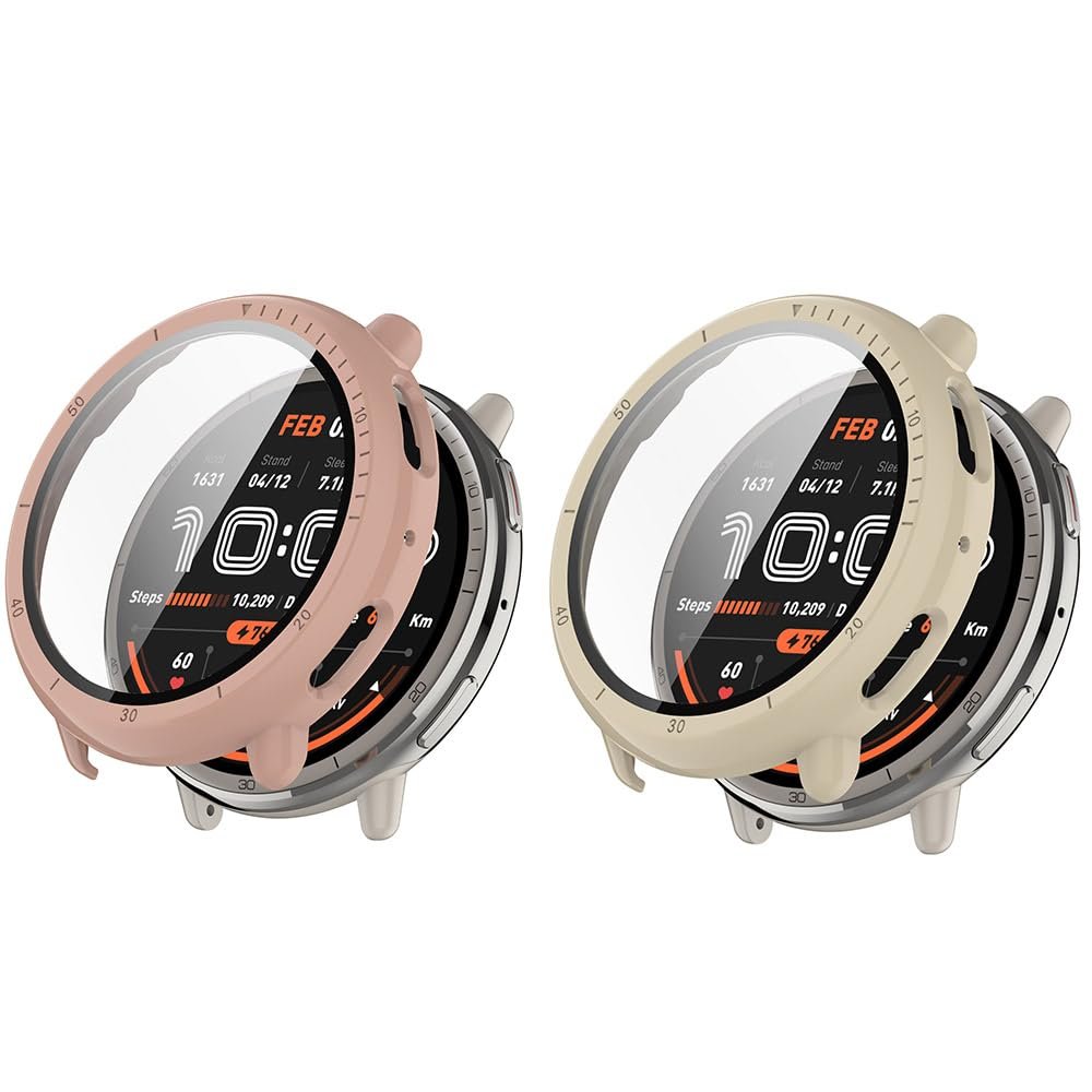 2 Pack Hard Cases for Amazfit Active 2, Hard PC Protective Case Shockproof Anti-Scratch Bumper Cover (Beige/Pink)